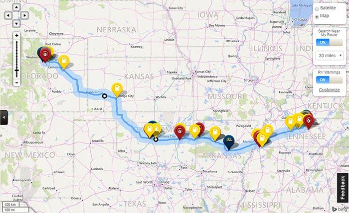 RV route planning map for remote camping