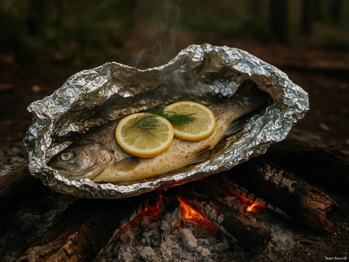 Fish foil packet cooked outdoors