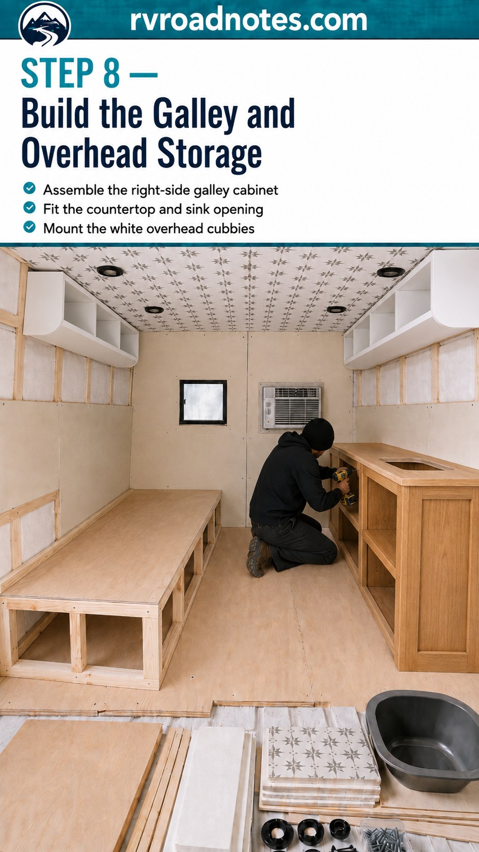 Right-side galley cabinet and white overhead cubbies built during a Ford Econoline camper conversion