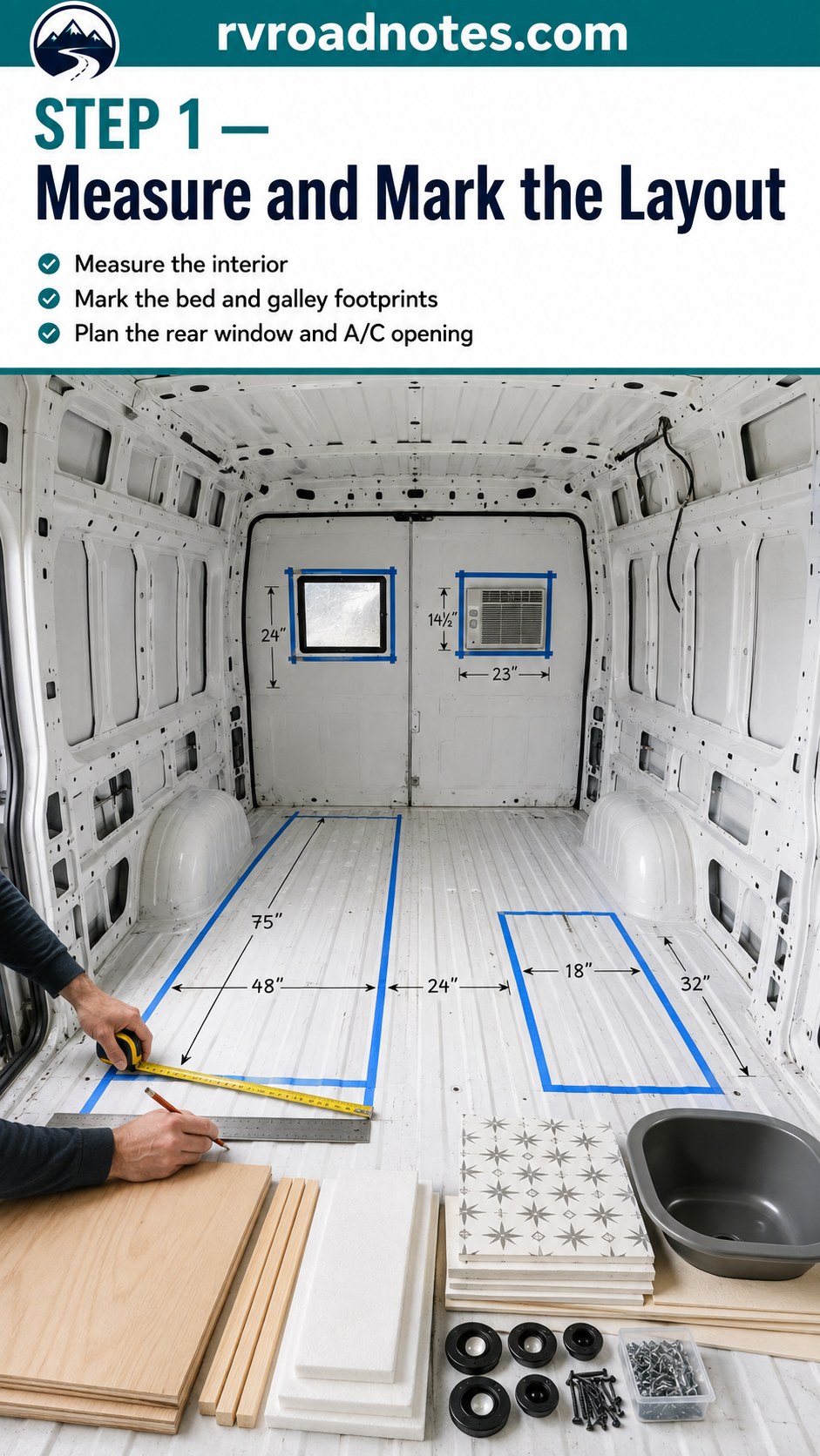 Bare Ford Econoline cargo van interior marked with blue tape layout lines for a camper conversion