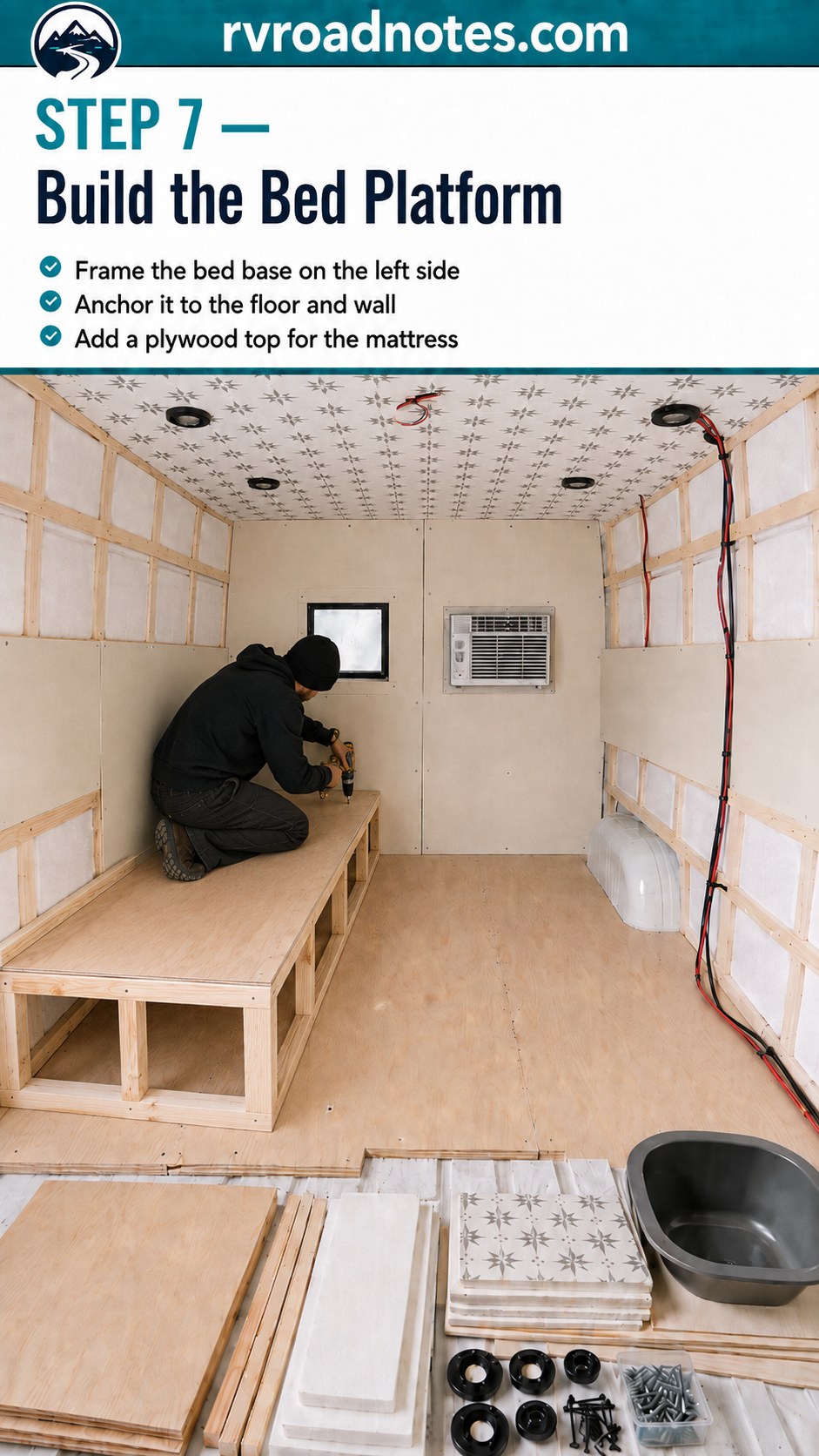 Plywood bed platform framed on the left wall of a Ford Econoline camper conversion