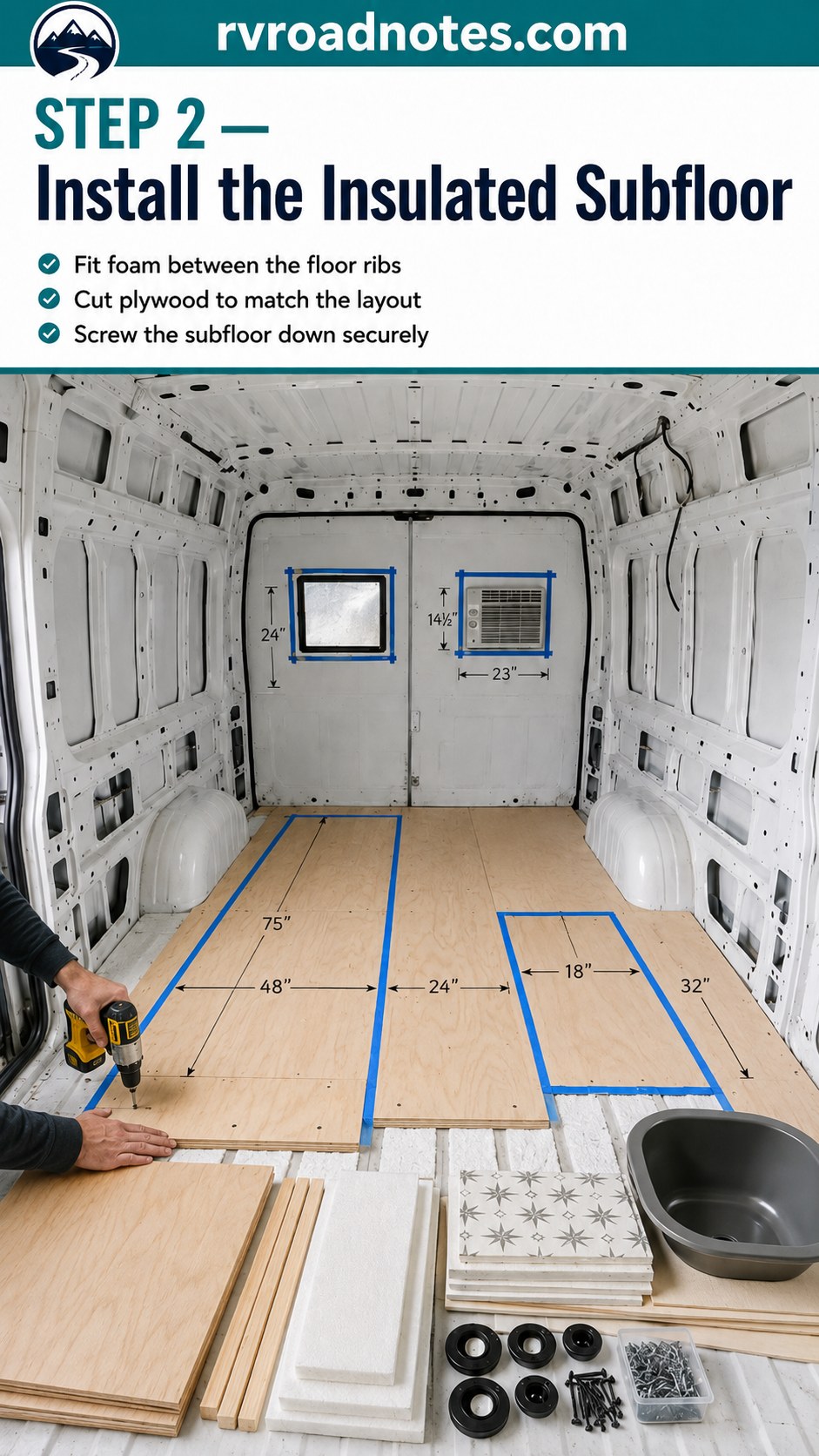 Insulated plywood subfloor installed over foam ribs in a Ford Econoline camper conversion project