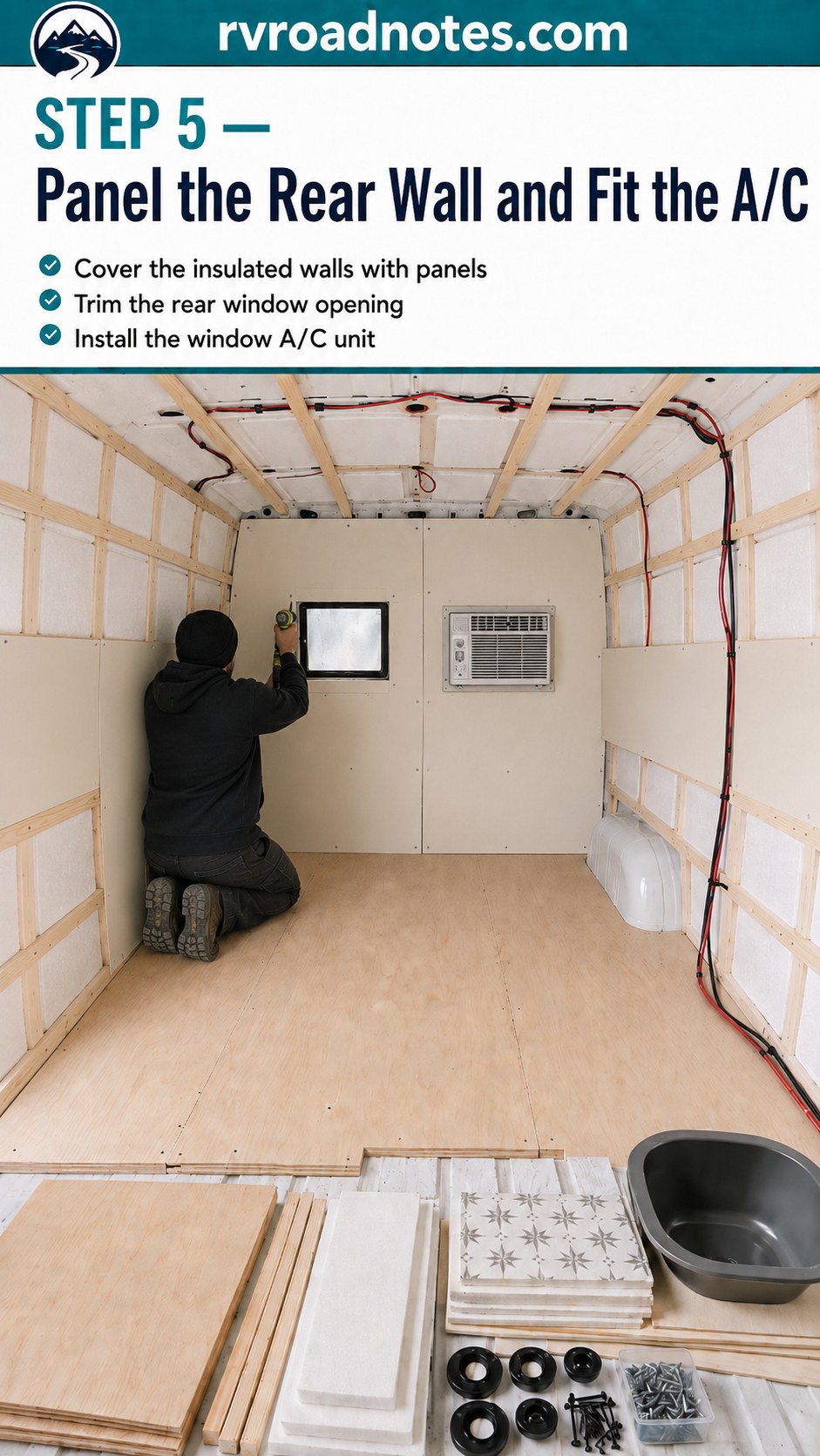 Window air conditioner fitted into the rear wall during a Ford Econoline camper conversion build