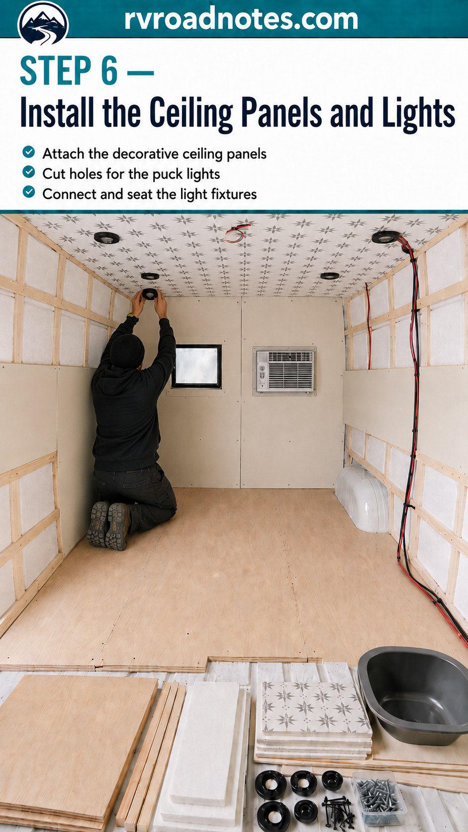 Patterned ceiling panels and puck lights installed overhead in a Ford Econoline camper conversion
