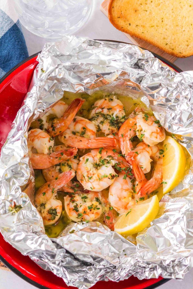 Garlic butter shrimp foil packet camping meal