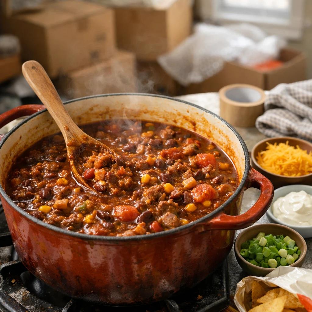 Hearty chili in Dutch oven