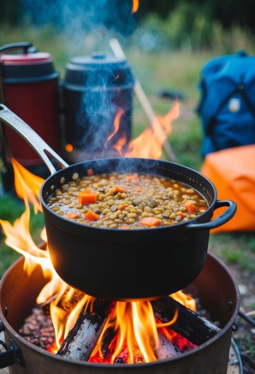 Lentil soup near campfire