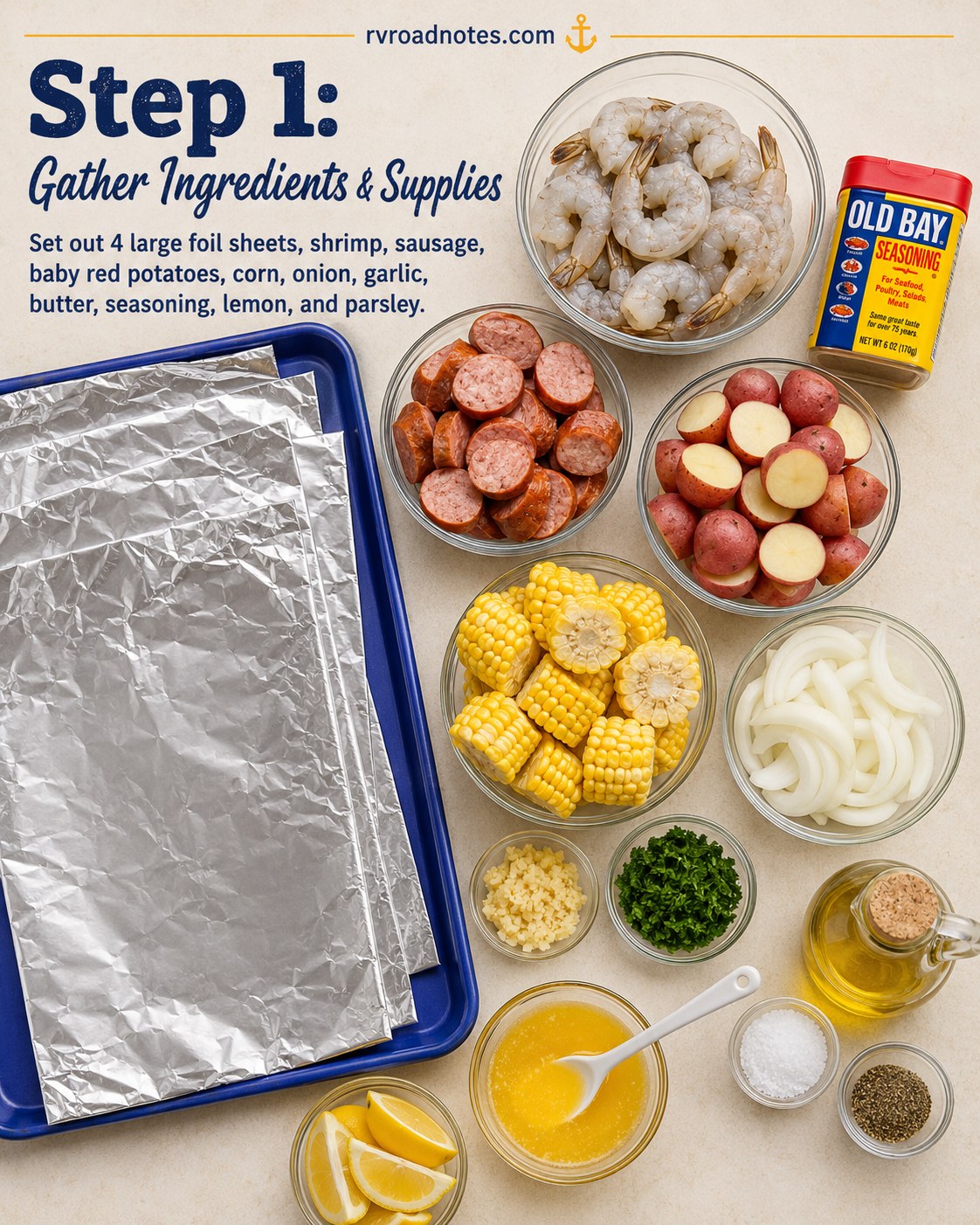 Ingredients laid out for hobo foil packets including shrimp, sausage, potatoes, corn, and Old Bay seasoning.