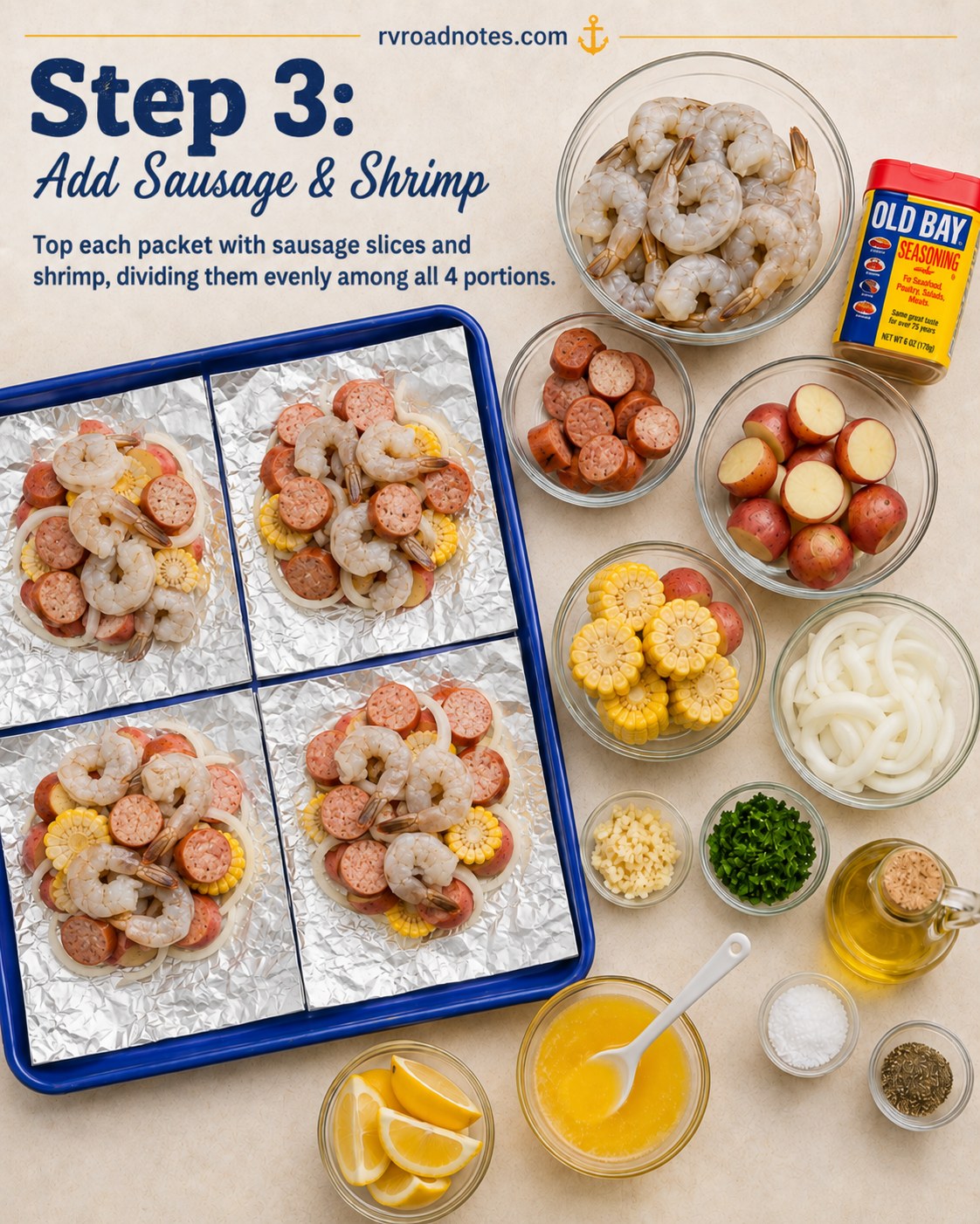 Shrimp and sausage layered over vegetables in each hobo foil packet before seasoning is added.