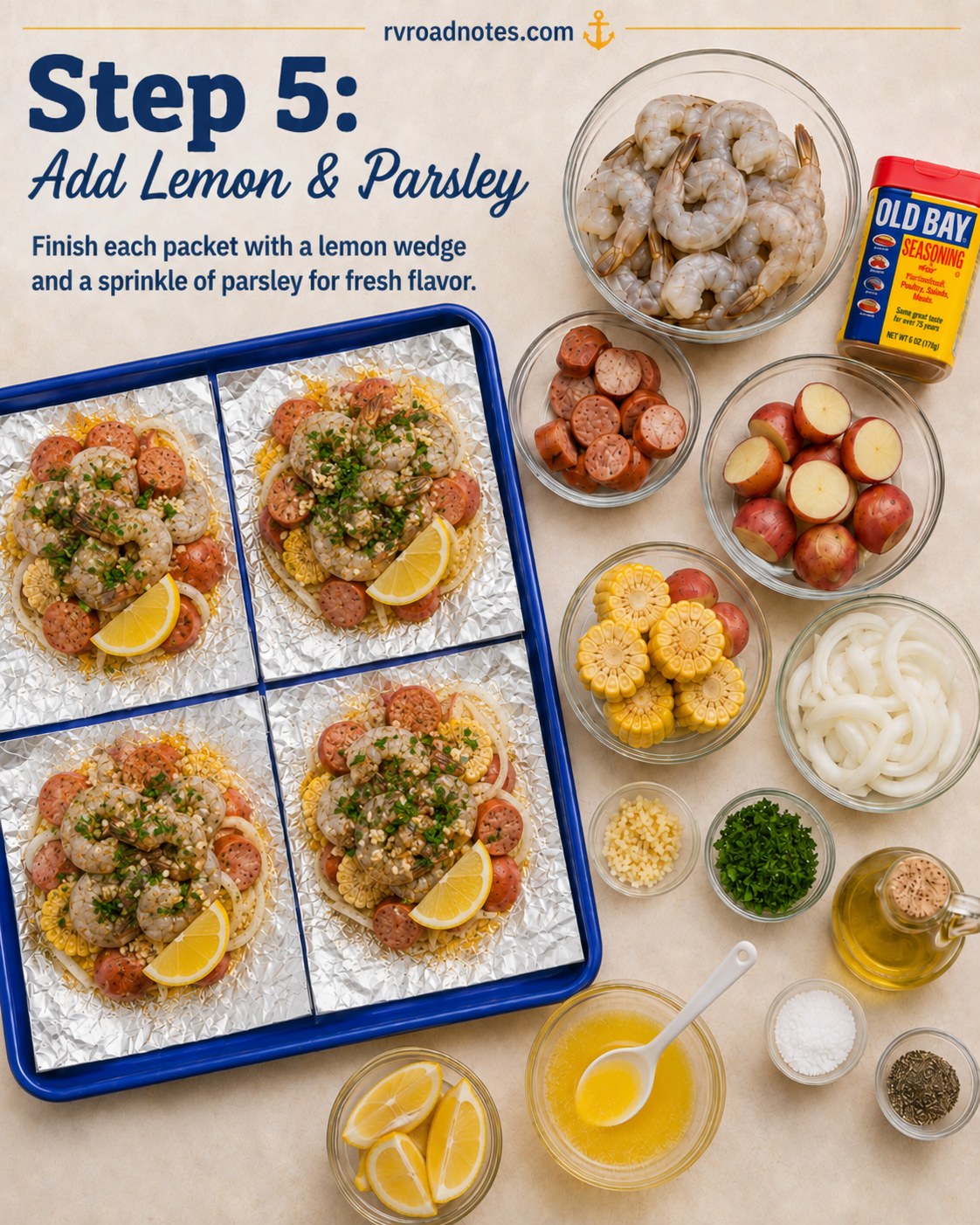Lemon wedges and fresh parsley added to each hobo foil packet for a bright finishing touch.