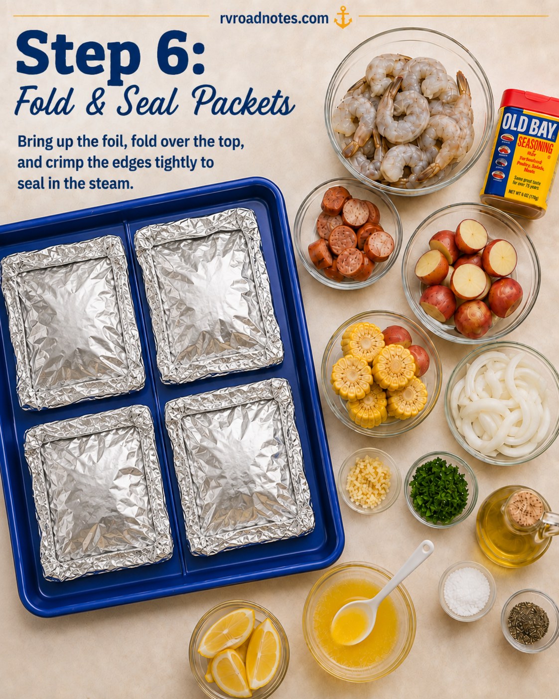 Four hobo foil packets folded and crimped tight on a baking tray, ready for the oven or grill.