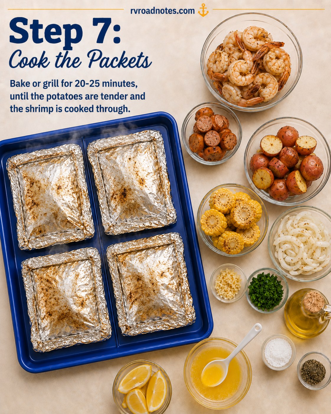 Sealed hobo foil packets on a tray cooking for 20 to 25 minutes until shrimp and potatoes are done.
