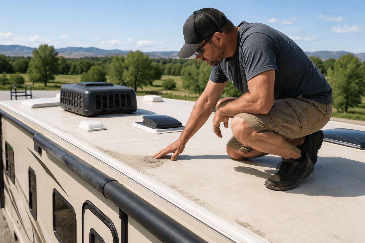 Inspecting an older RV roof and interior