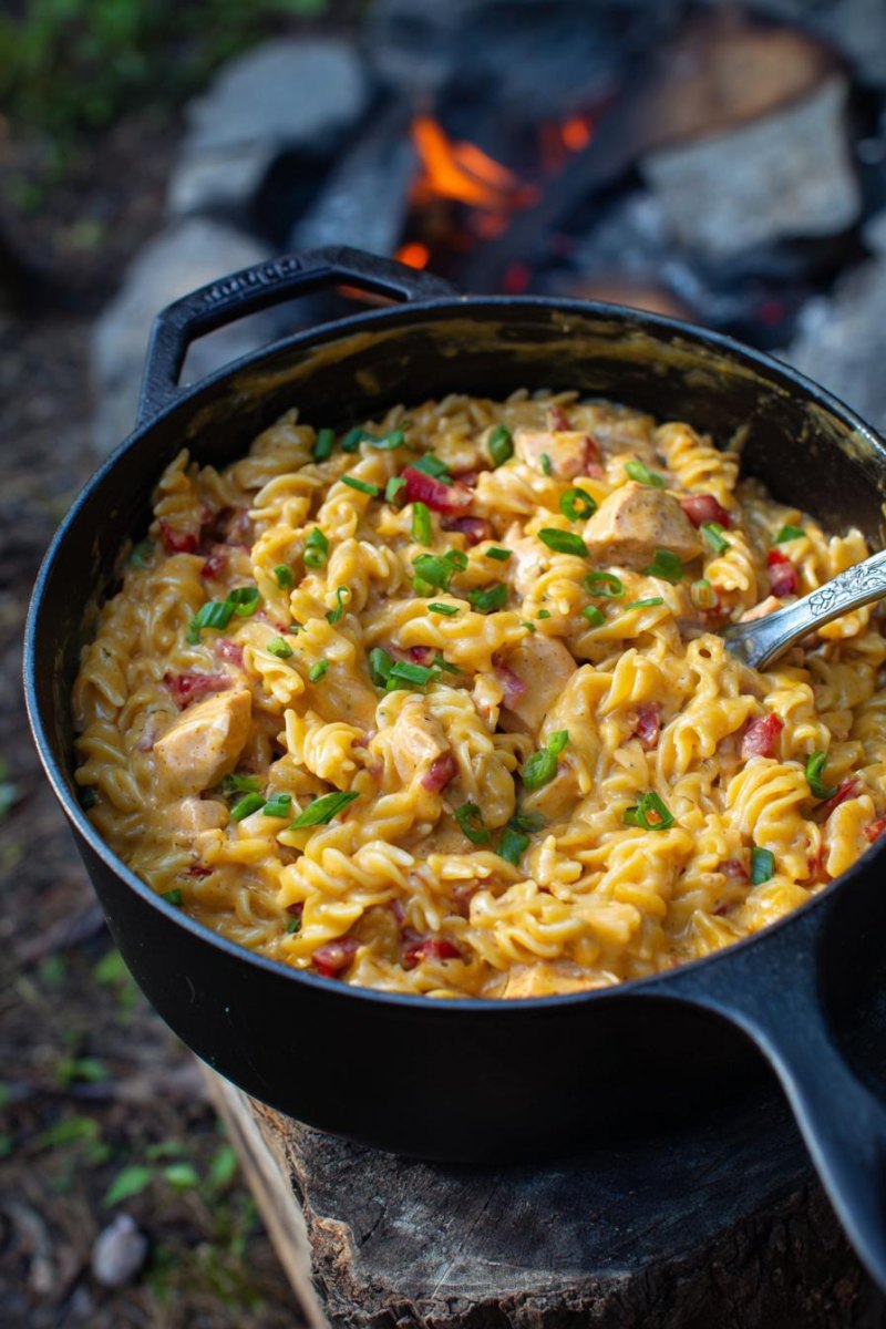 Camping pasta cooked outdoors
