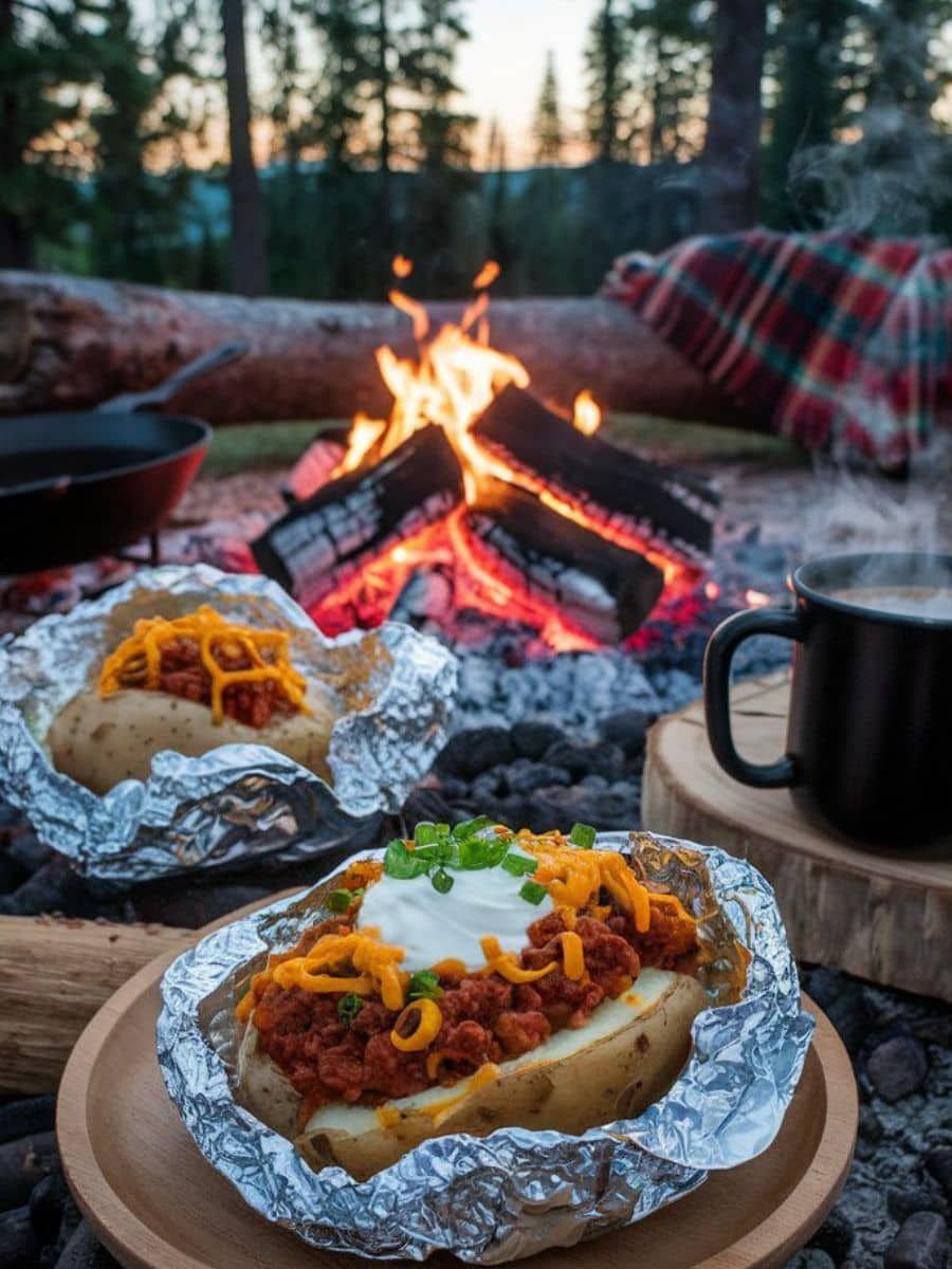 Loaded baked potatoes campfire