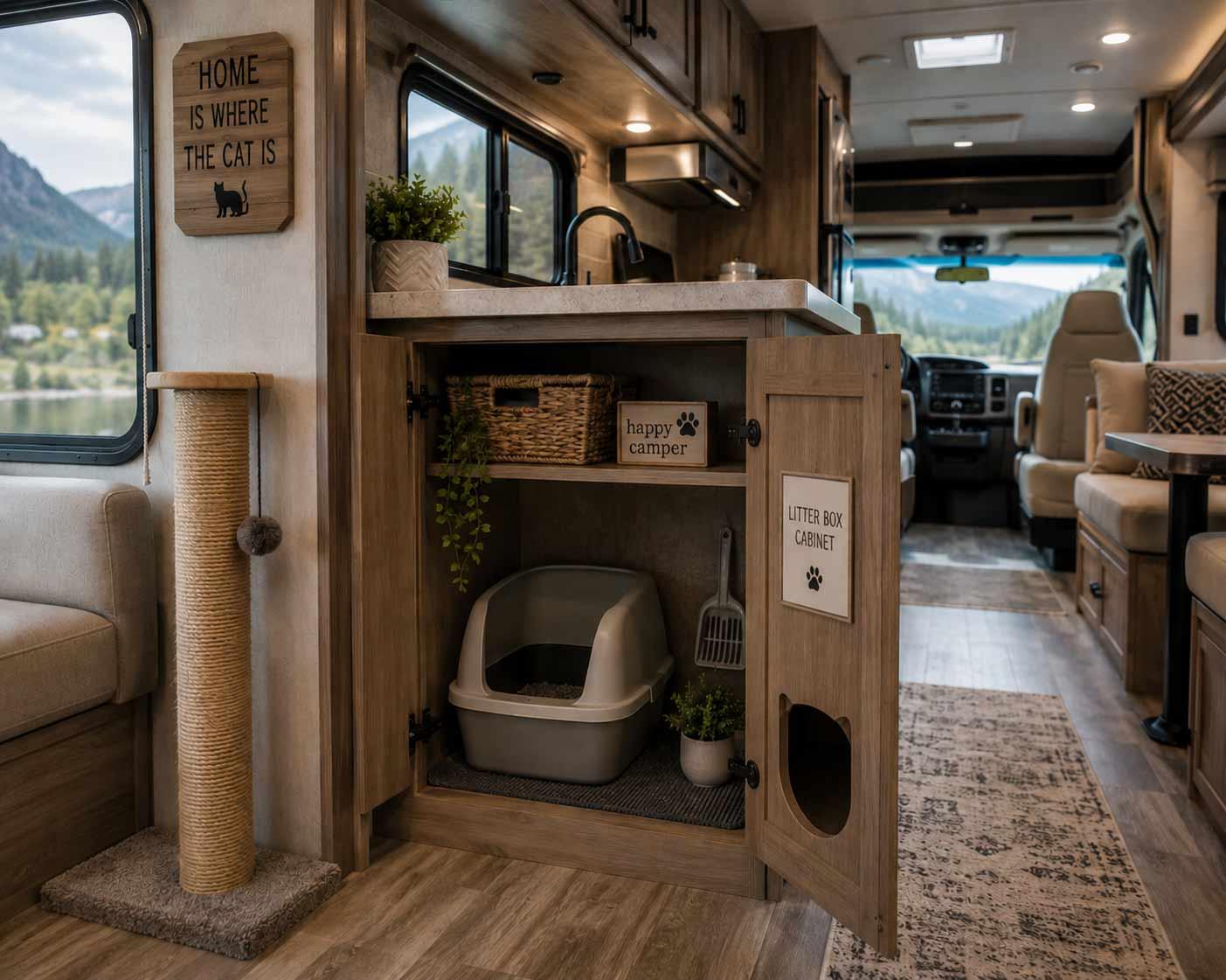 Compact litter box setup inside an RV