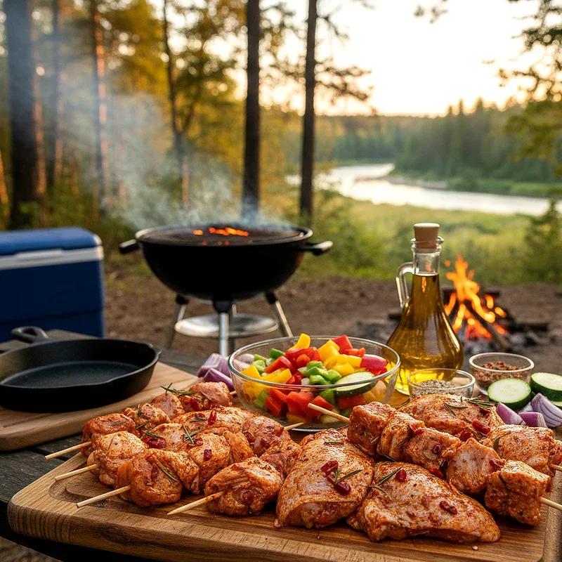 Marinated chicken skewers for camping grill