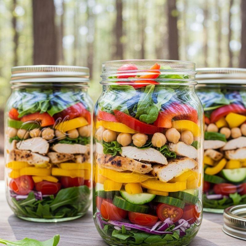 Mason jar salads prepared for camping