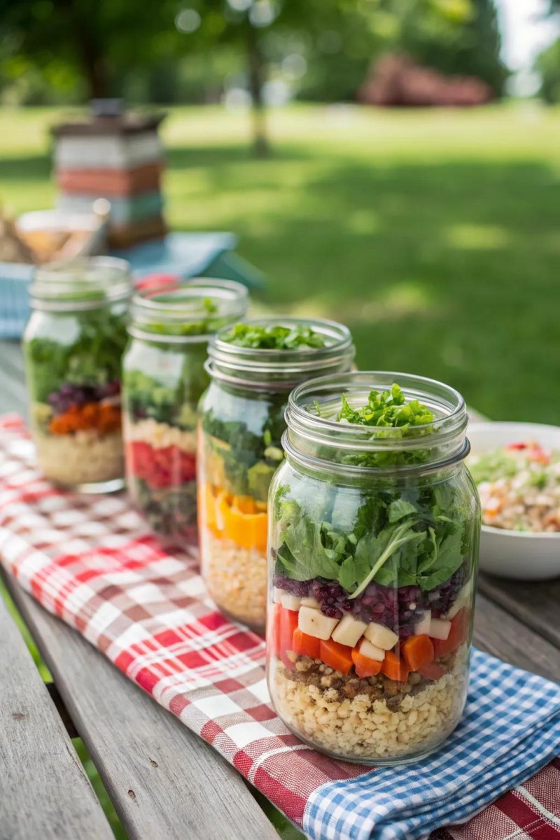 Layered mason jar salads outdoors
