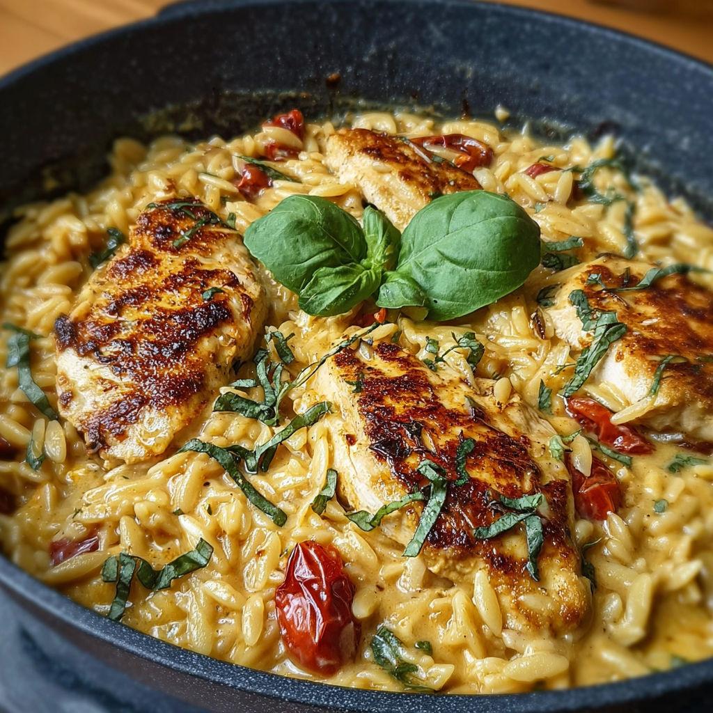 Chicken orzo cooking in skillet