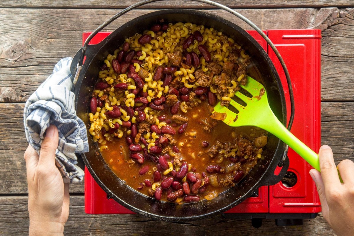 Chili mac in camping cookware
