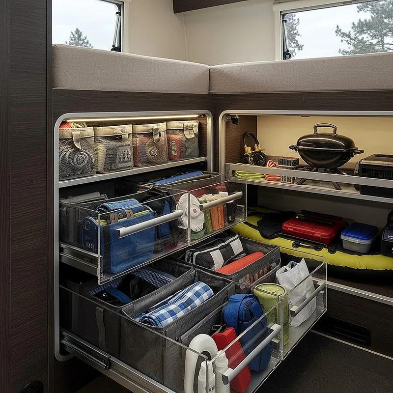 Organized RV interior storage cabinets