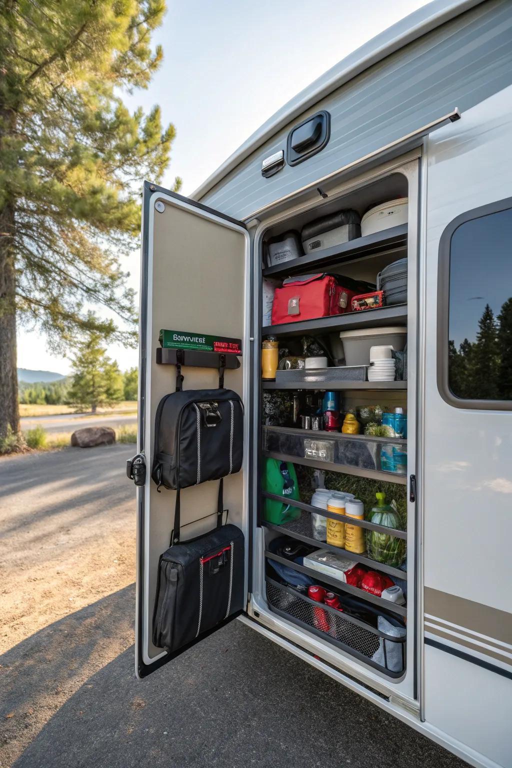 RV storage compartment organized for efficient dry camping packing