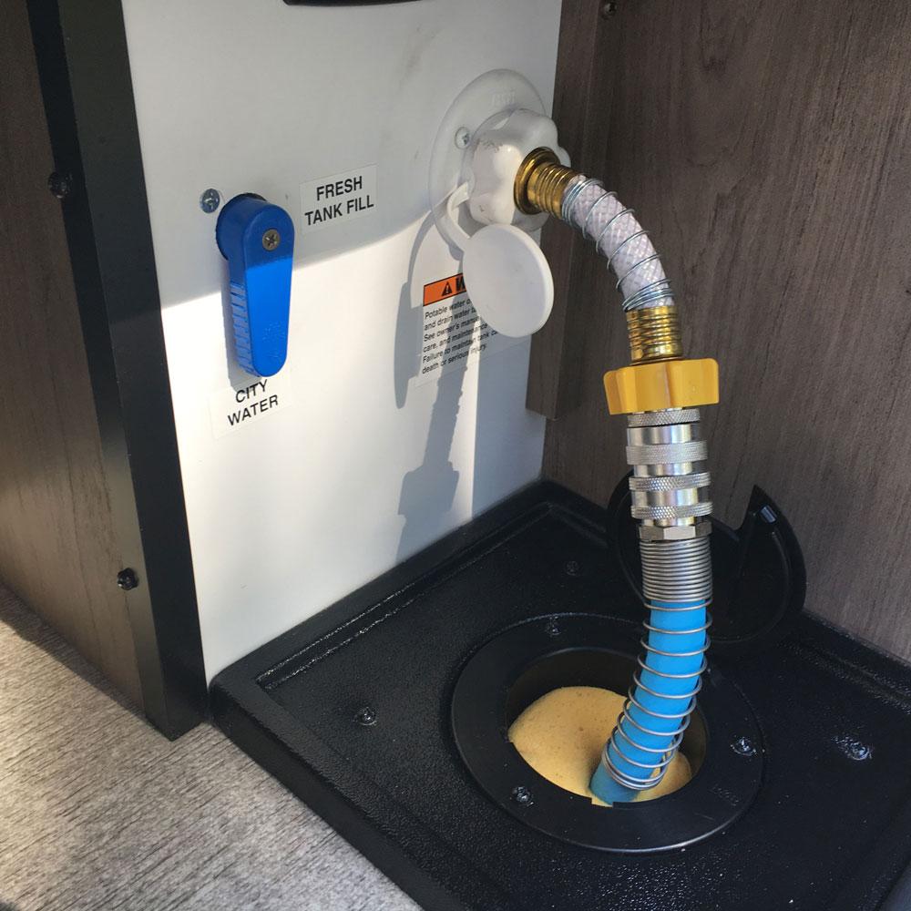 RV fresh water fill connection showing dry camping water planning