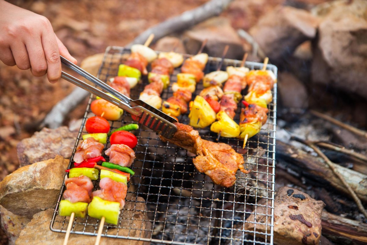Marinated skewers ready for camping grill
