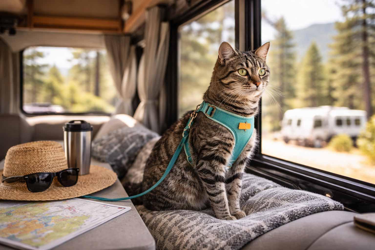 Cat carrier and harness ready for RV travel