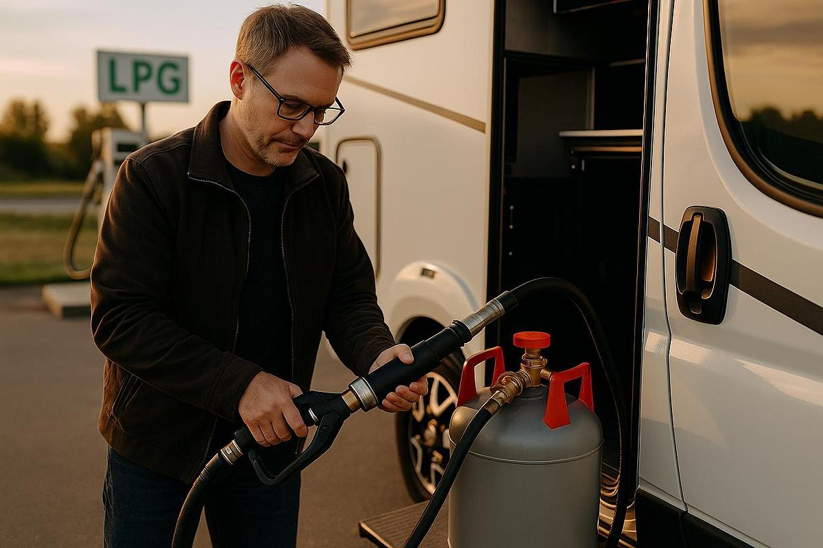 RV propane tank being filled safely
