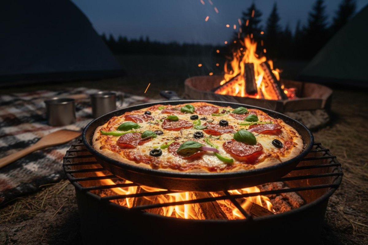 Campfire pizza cooking outdoors