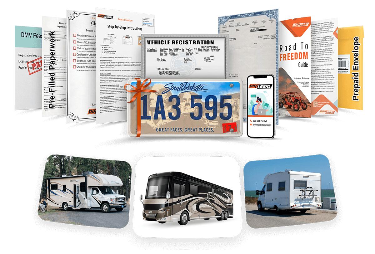 RV registration paperwork and license plate