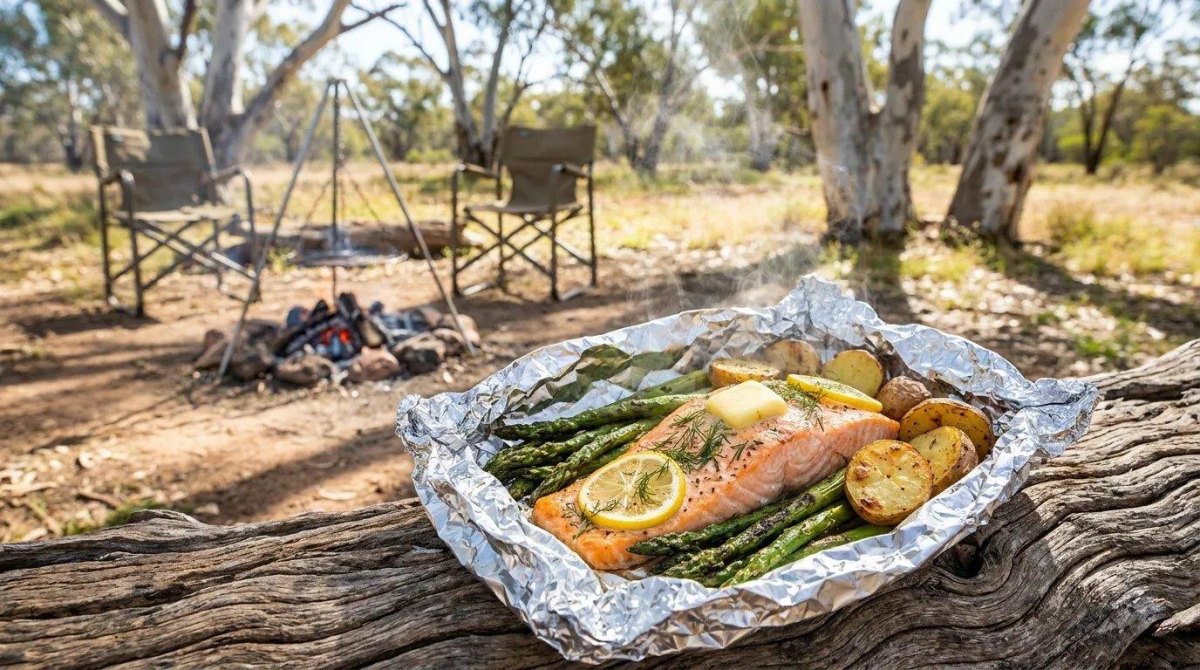Salmon asparagus foil packet outdoors