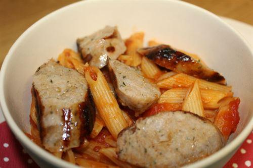 Sausage tomato penne at campsite