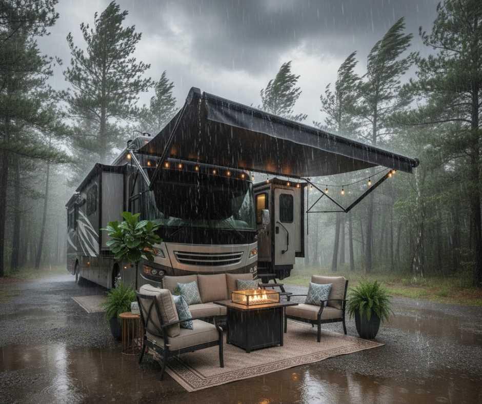 RV campsite prepared for bad weather