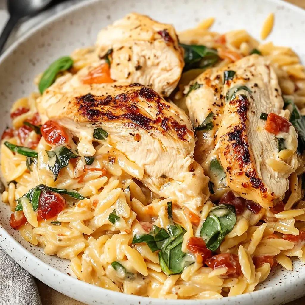 Plated creamy Tuscan chicken orzo
