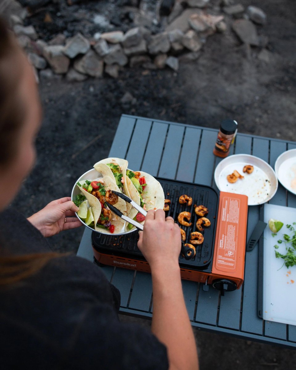 Shrimp tacos beside RV campsite