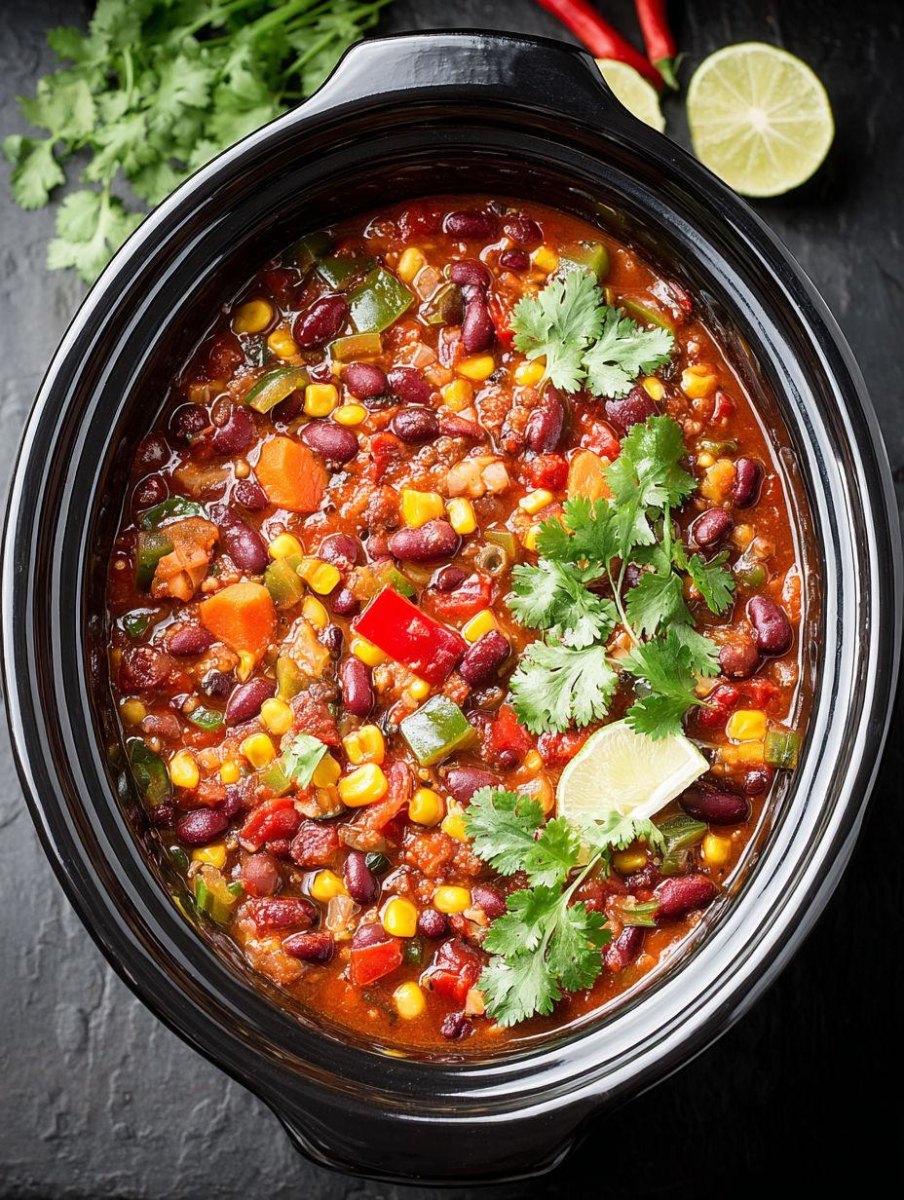 Vegetarian chili in slow cooker