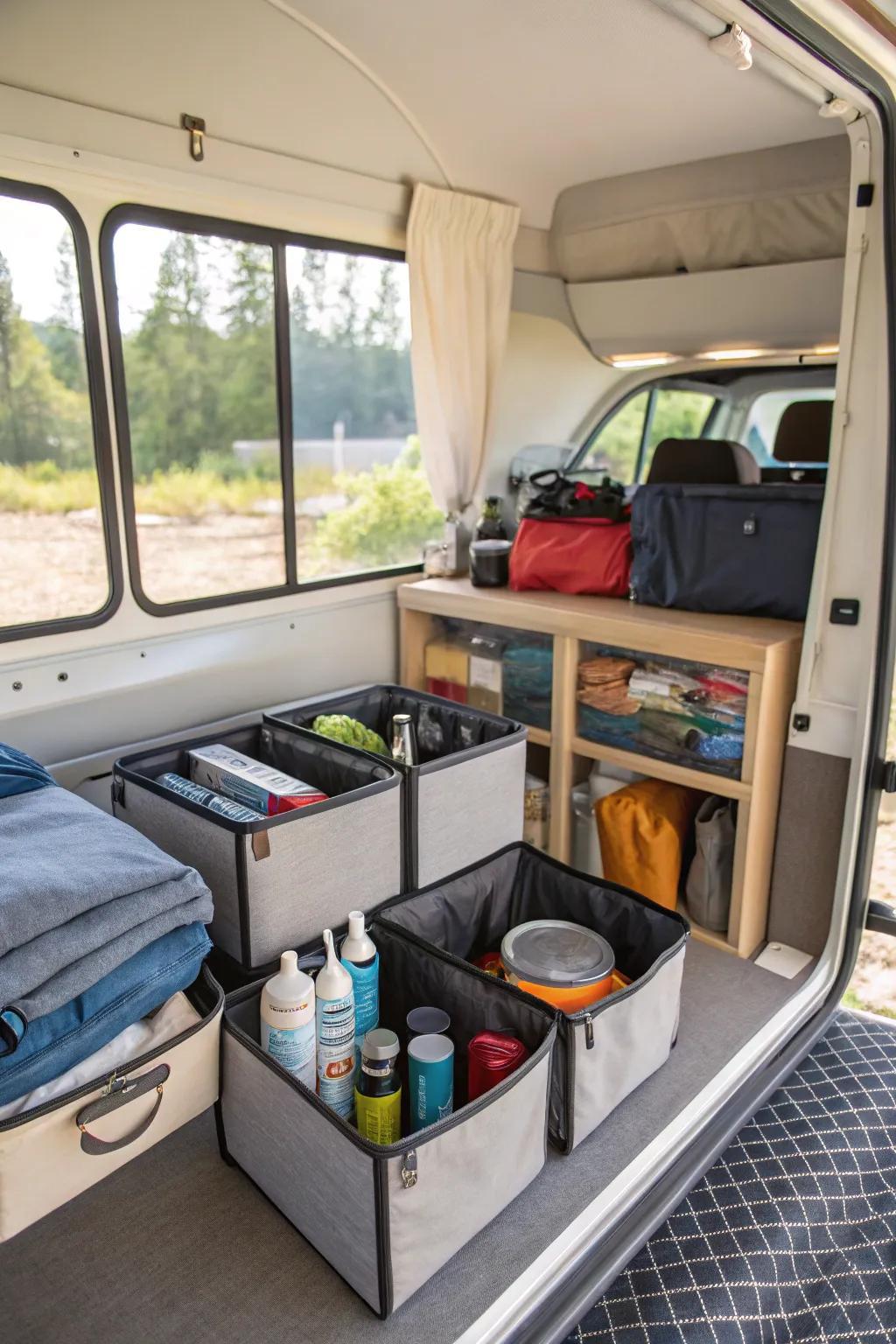 First time RV owner checklist with organized RV storage supplies