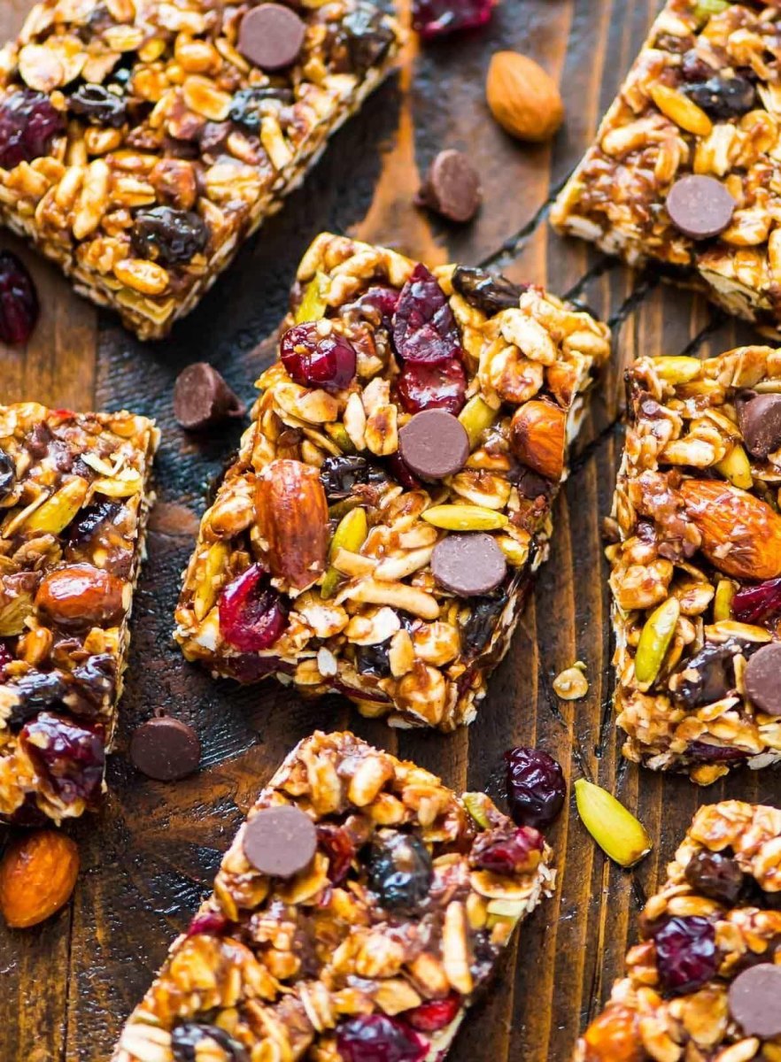 Trail mix dessert bars with nuts and chocolate