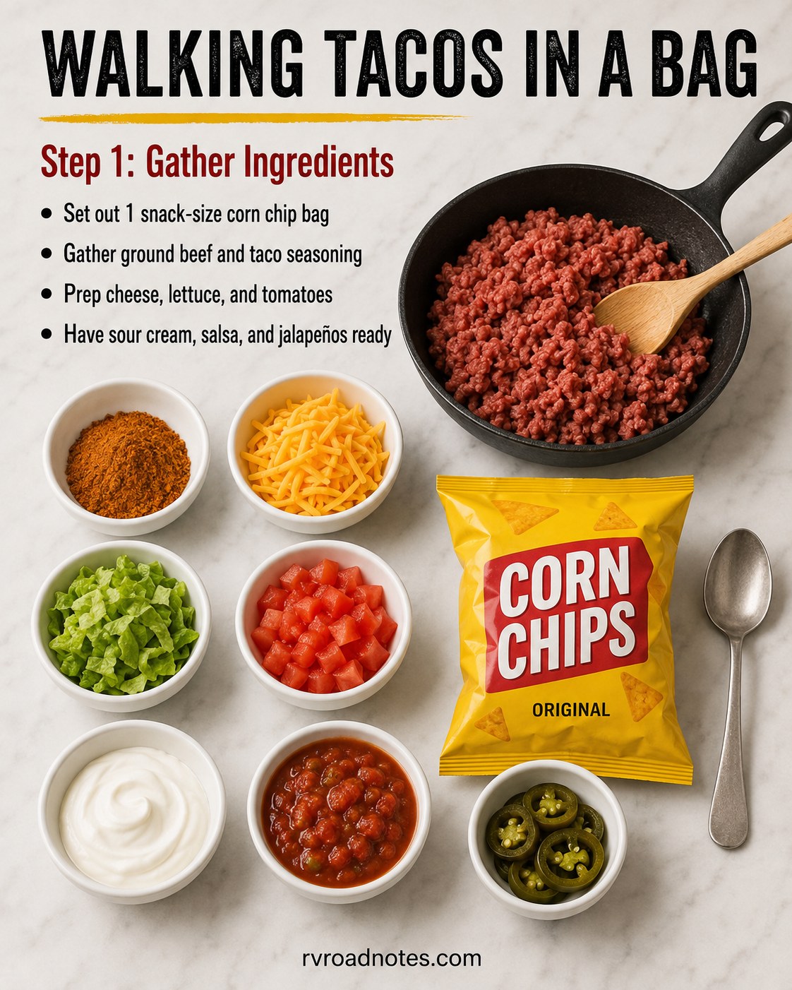 Ingredients laid out for walking tacos in a bag including corn chips, beef and toppings