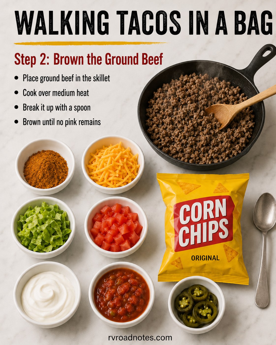 Ground beef browning in a cast iron skillet for walking tacos in a bag