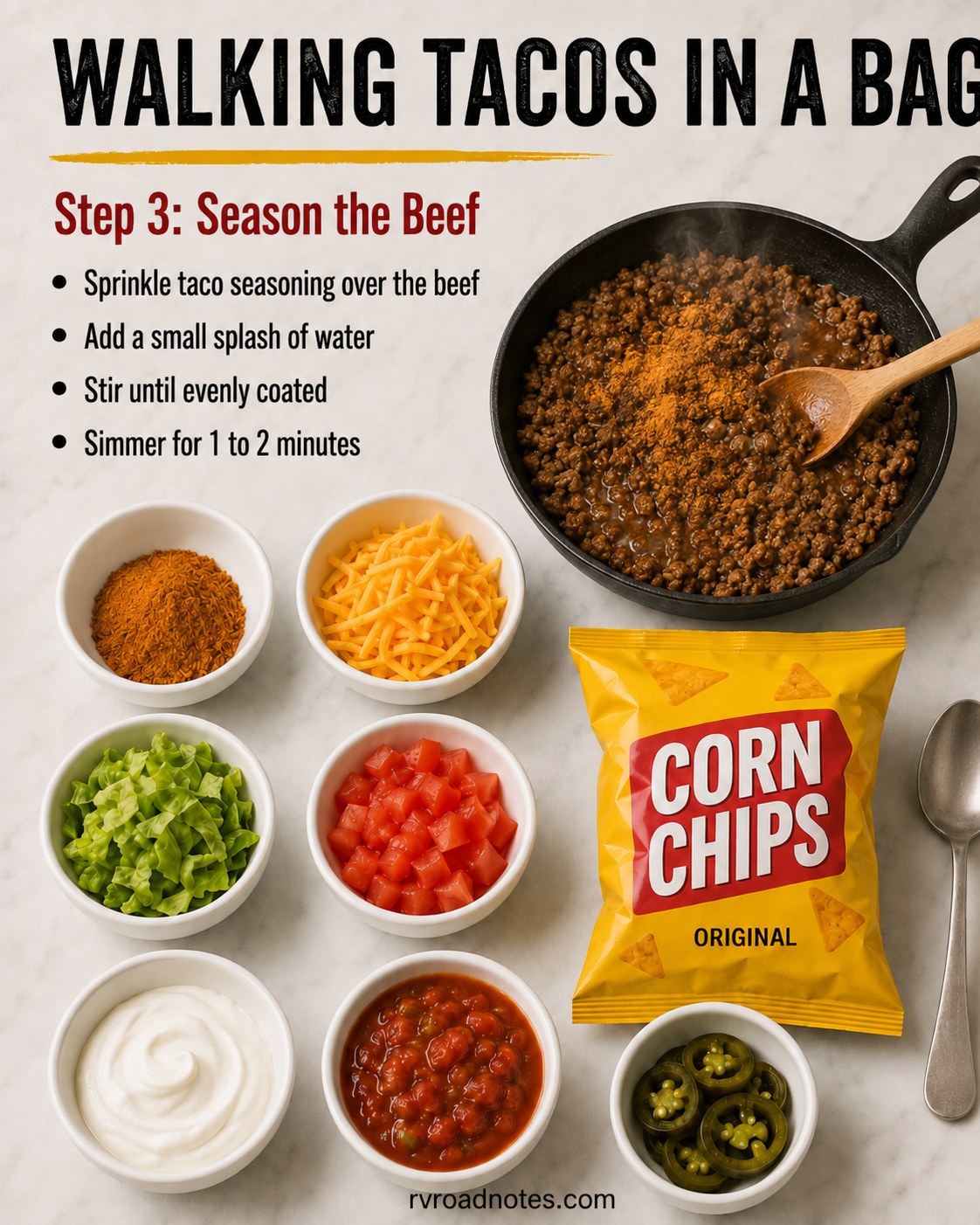 Taco seasoning simmering into browned beef for walking tacos in a bag