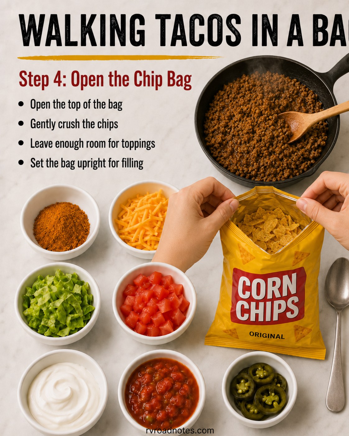 Hands gently crushing corn chips inside the bag before making walking tacos
