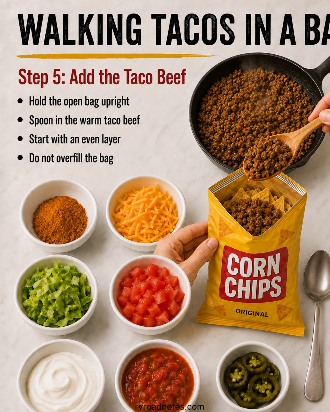 Spooning warm taco beef into an open corn chip bag for walking tacos in a bag