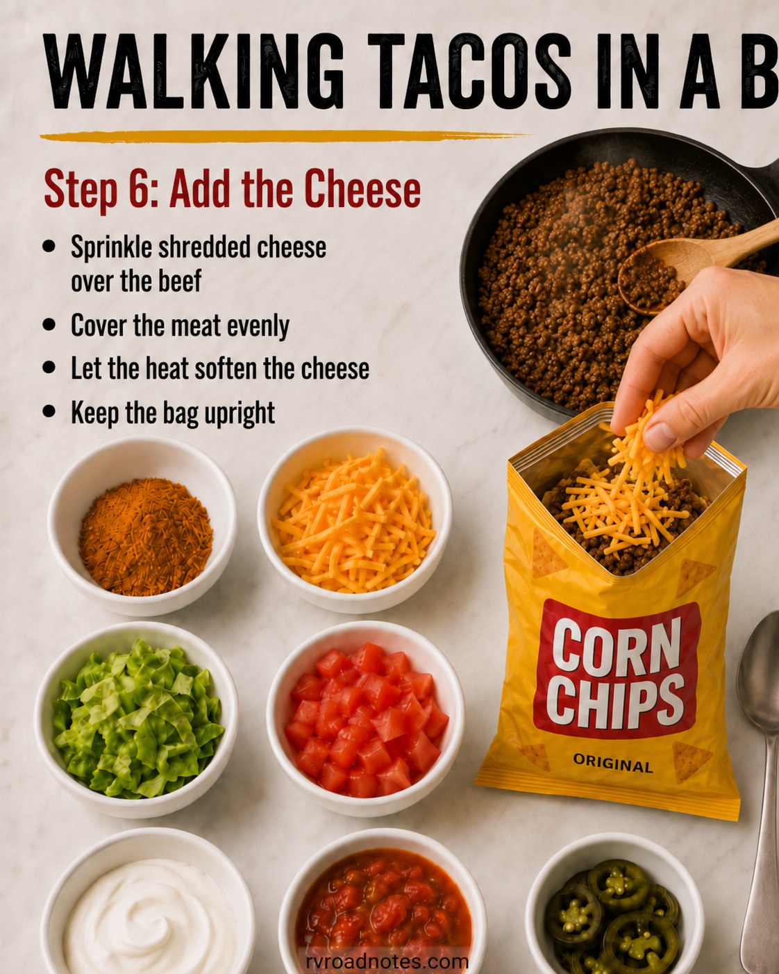 Shredded cheese sprinkled over warm beef in a walking tacos in a bag setup