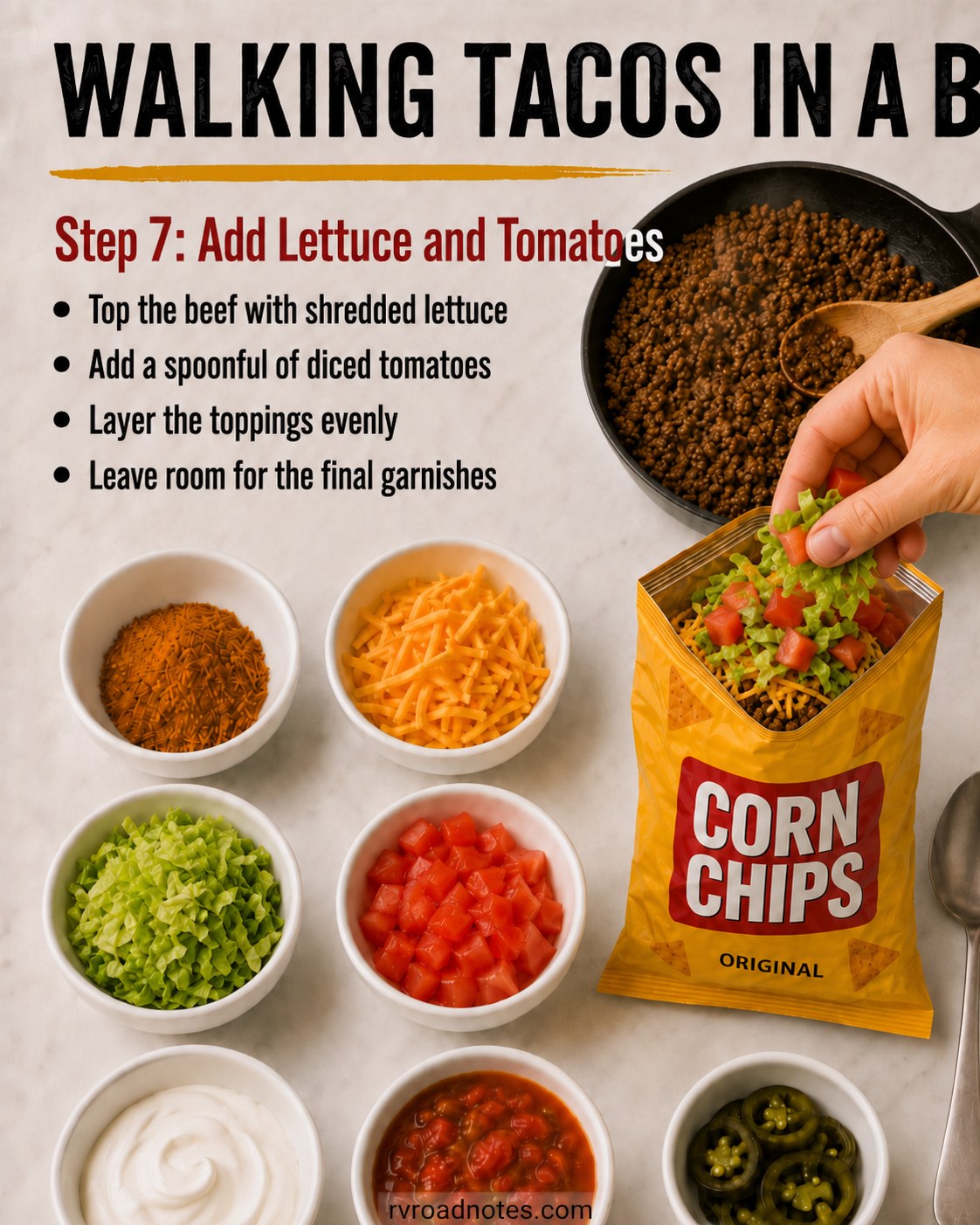 Shredded lettuce and diced tomatoes layered on top for walking tacos in a bag