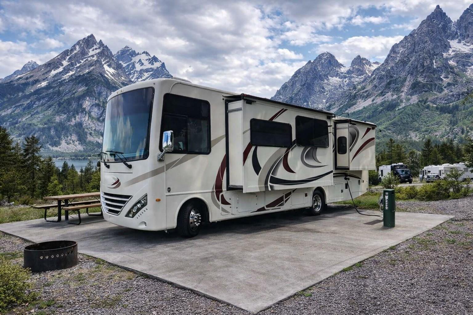 Motorhome in scenic campground showing average annual RV living costs